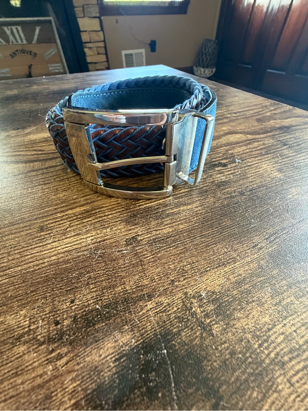 Braided Leather Belt with Polished Buckle - Brown & Navy